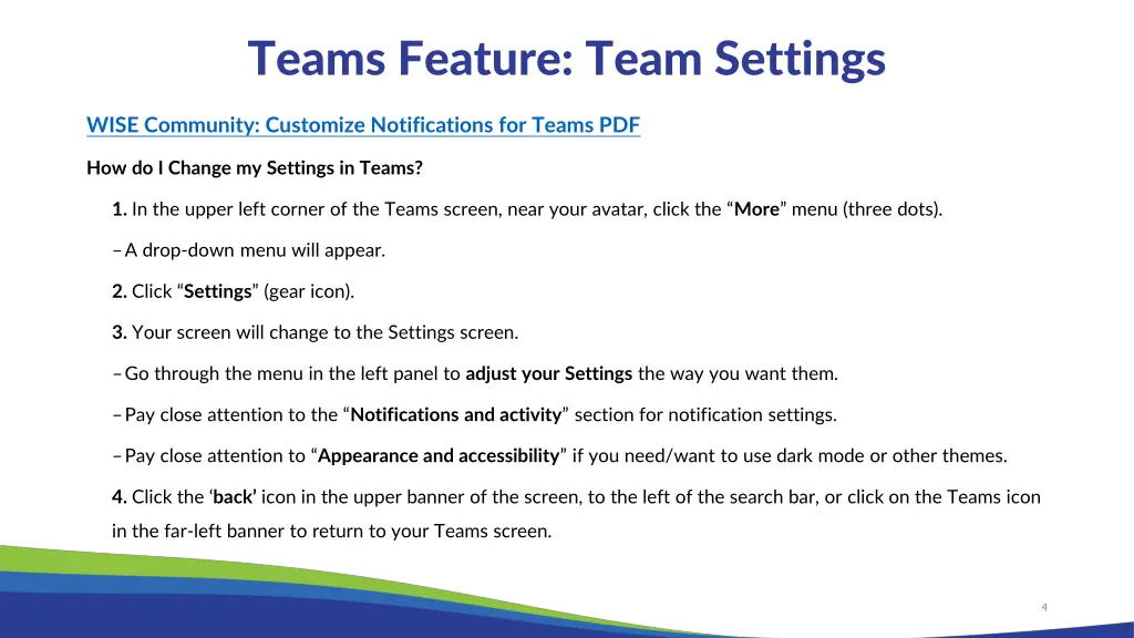 teams feature team settings