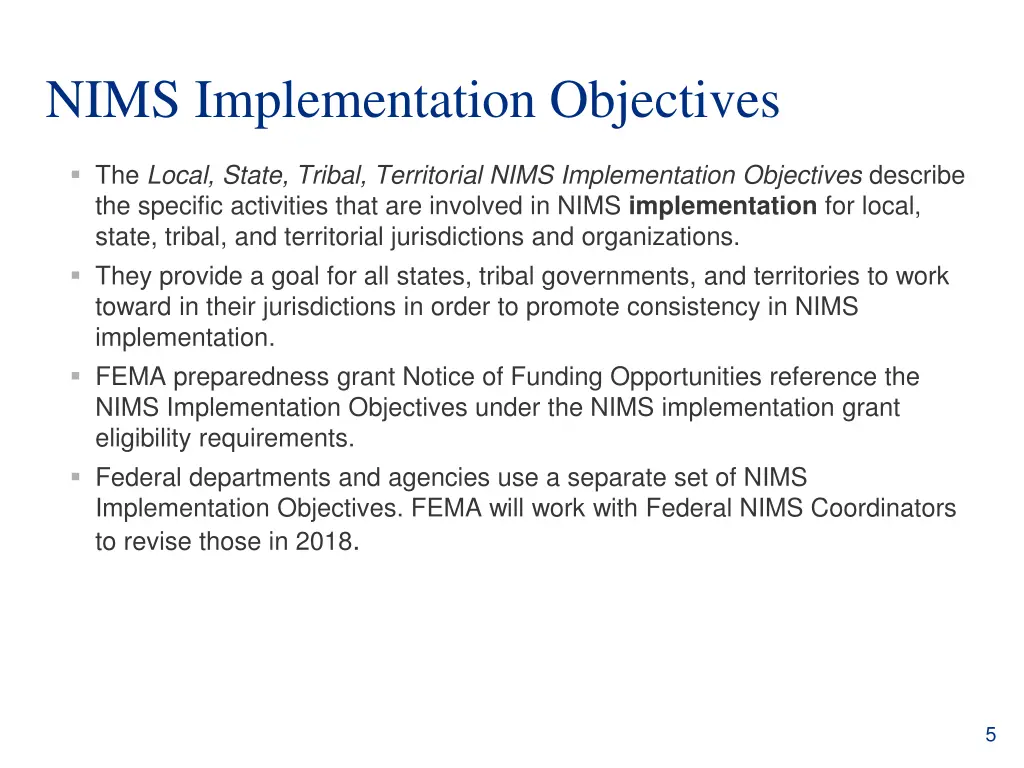 nims implementation objectives