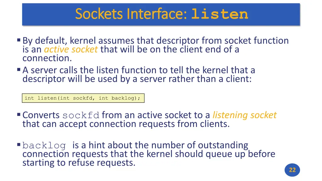 sockets interface sockets interface listen