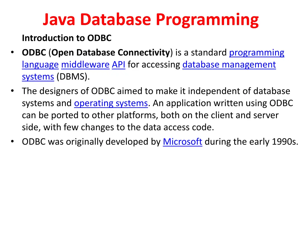 java database programming introduction to odbc