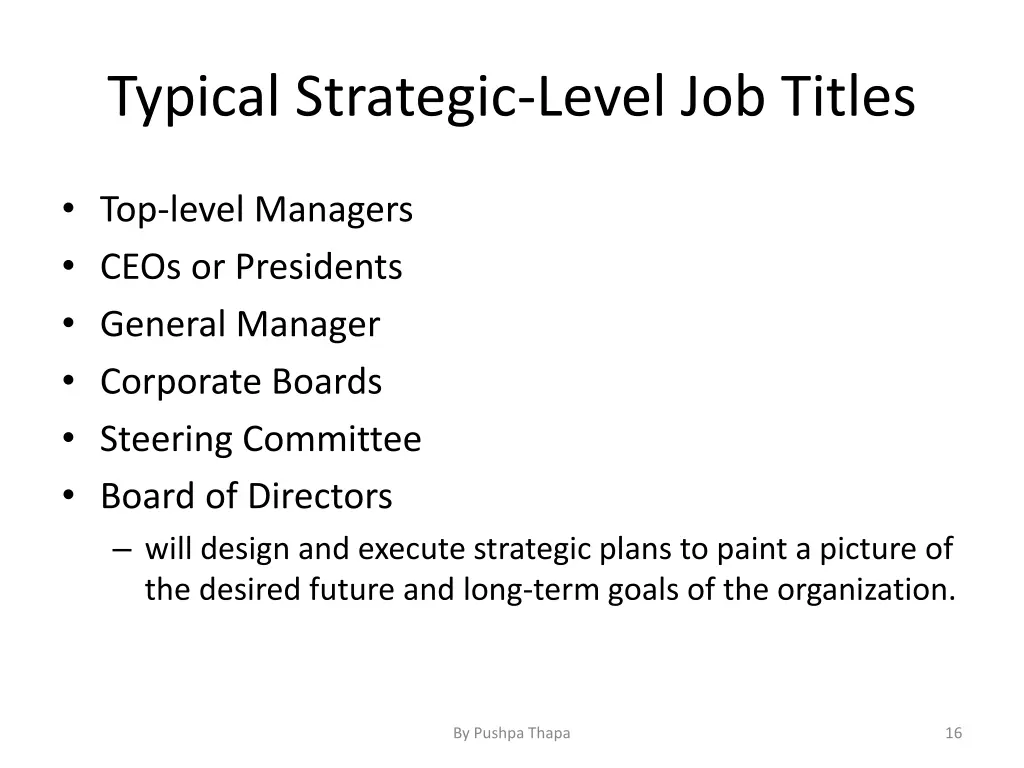 typical strategic level job titles