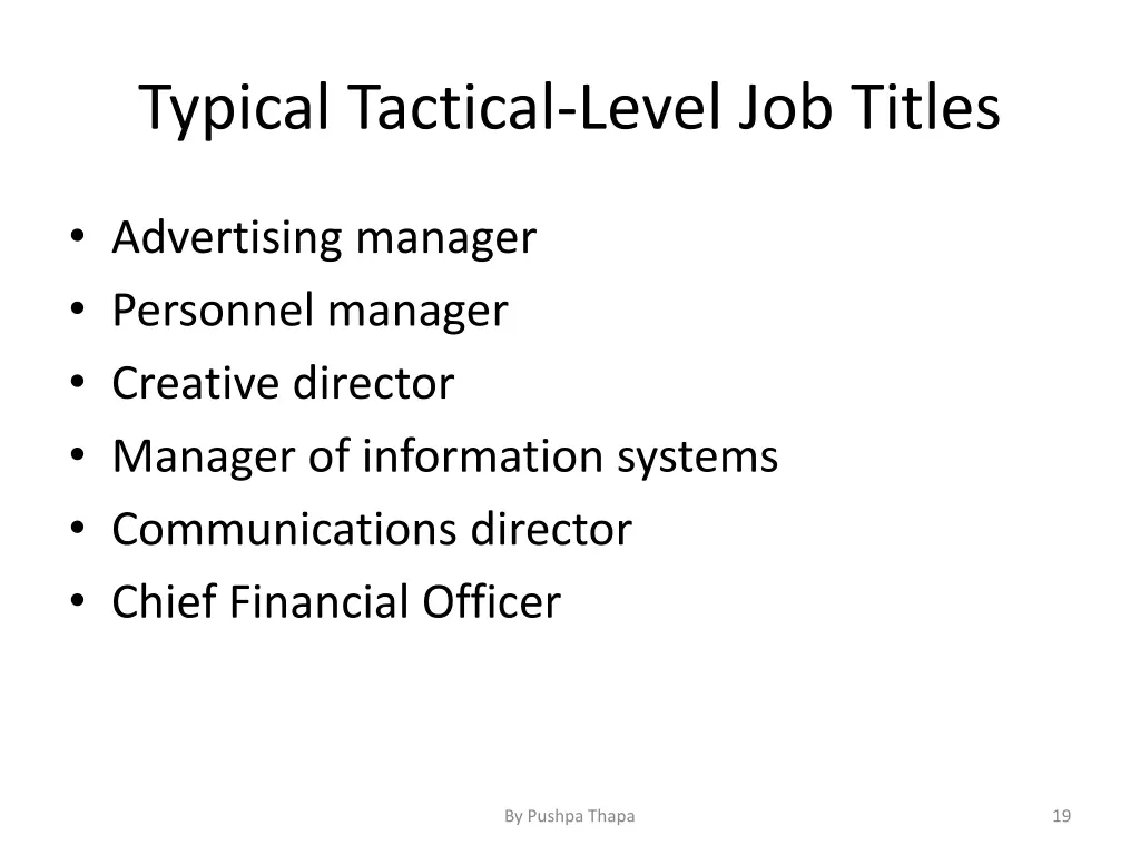 typical tactical level job titles