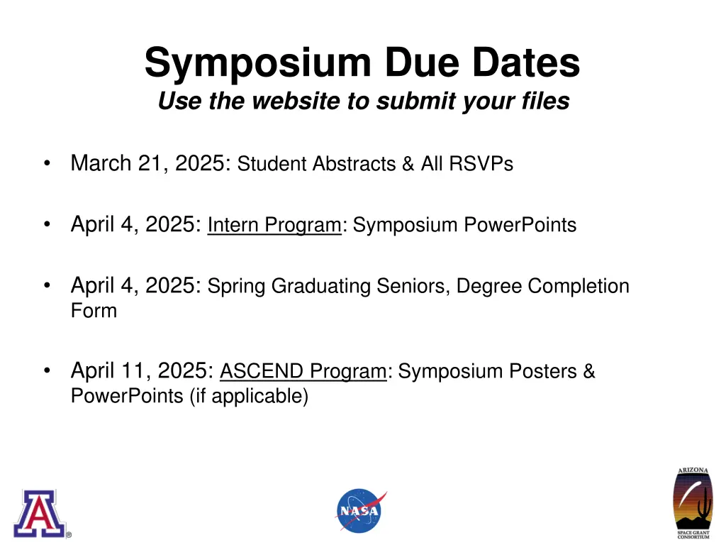 symposium due dates use the website to submit