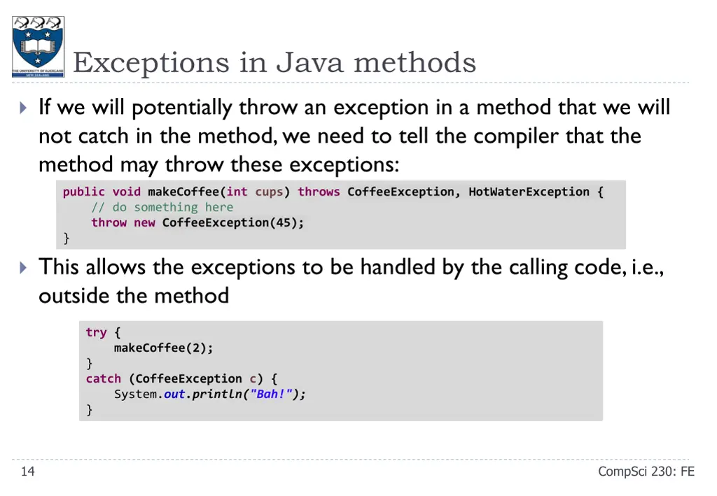 exceptions in java methods
