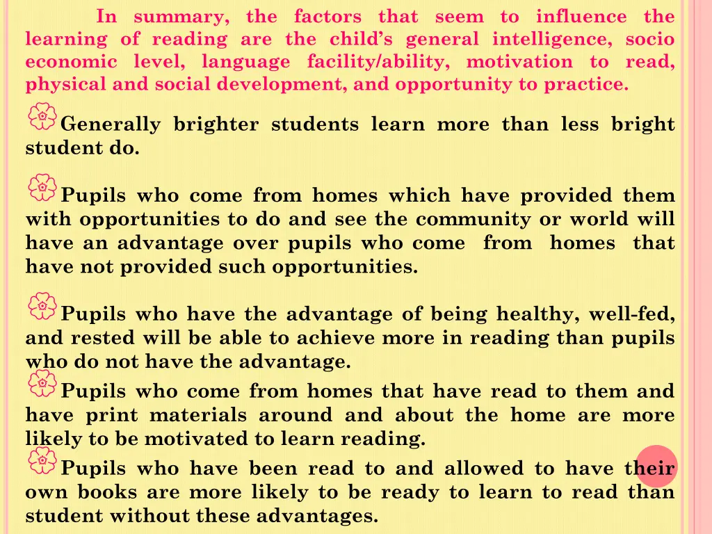 in summary the factors that seem to influence