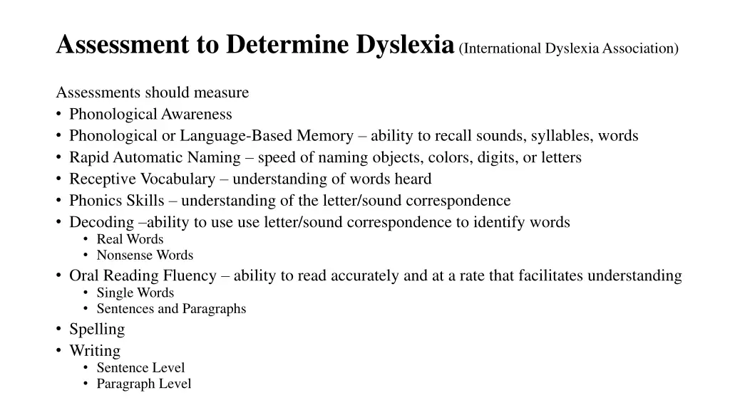 assessment to determine dyslexia international
