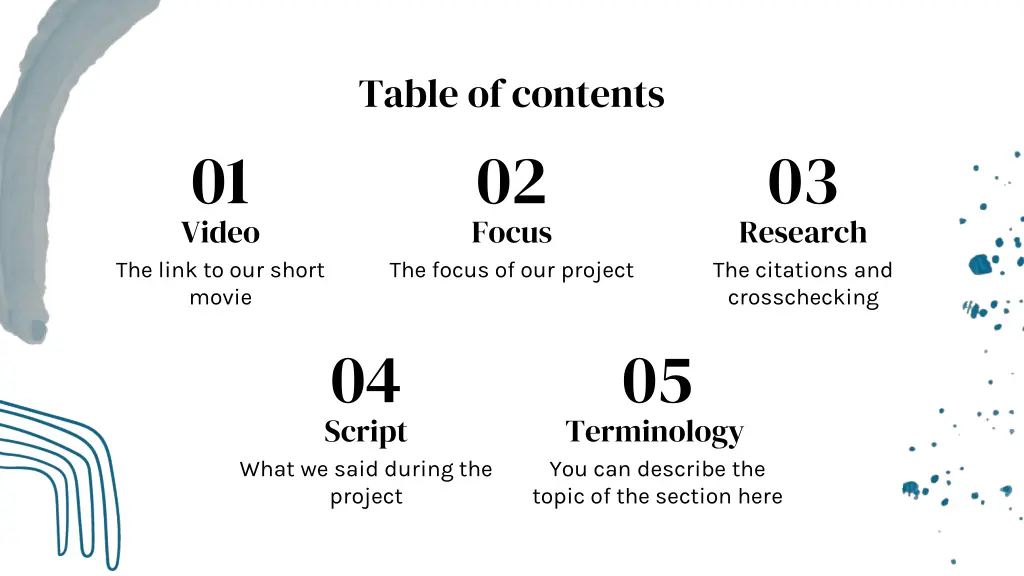 table of contents 02 focus the focus
