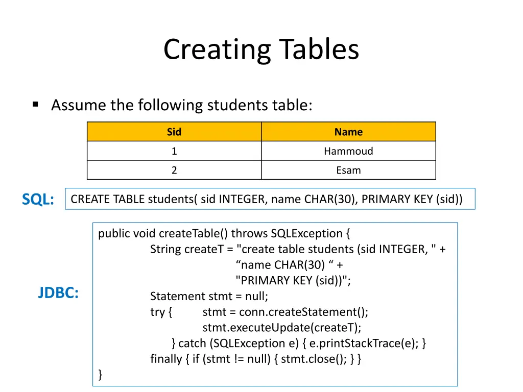 creating tables