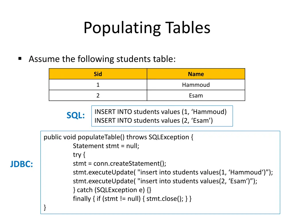 populating tables