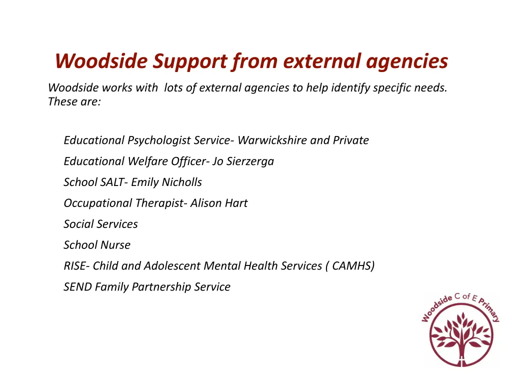 woodside support from external agencies