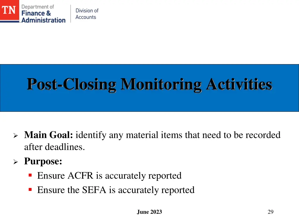 post closing monitoring activities