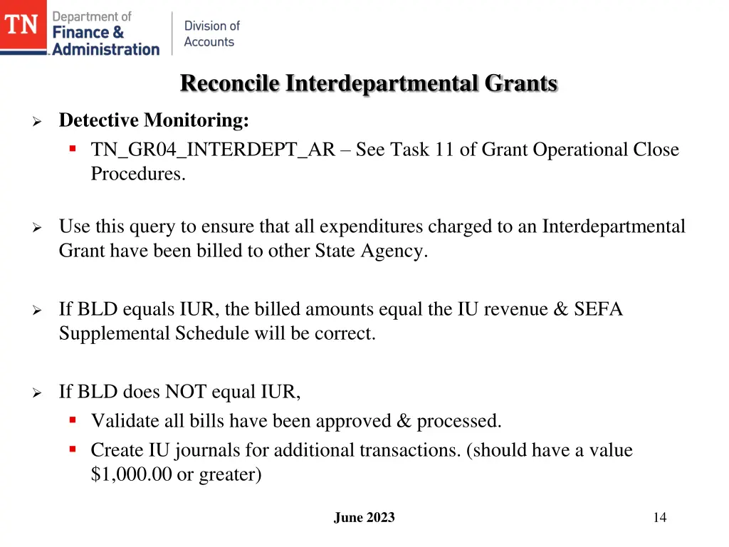 reconcile interdepartmental grants