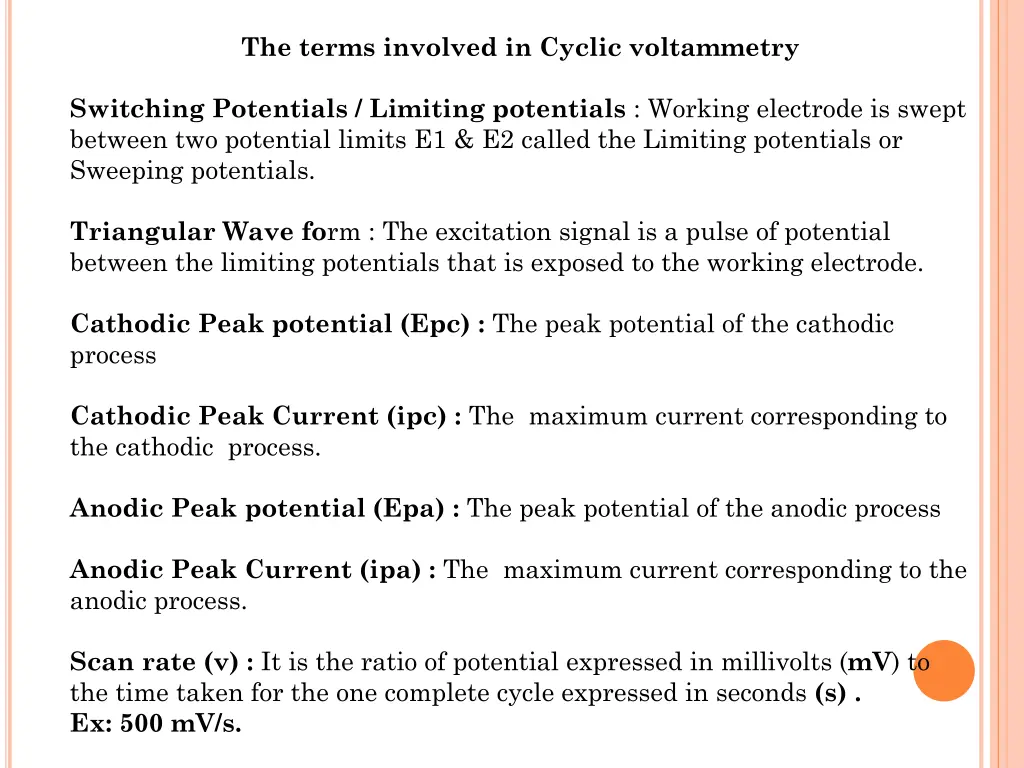the terms involved in cyclic voltammetry