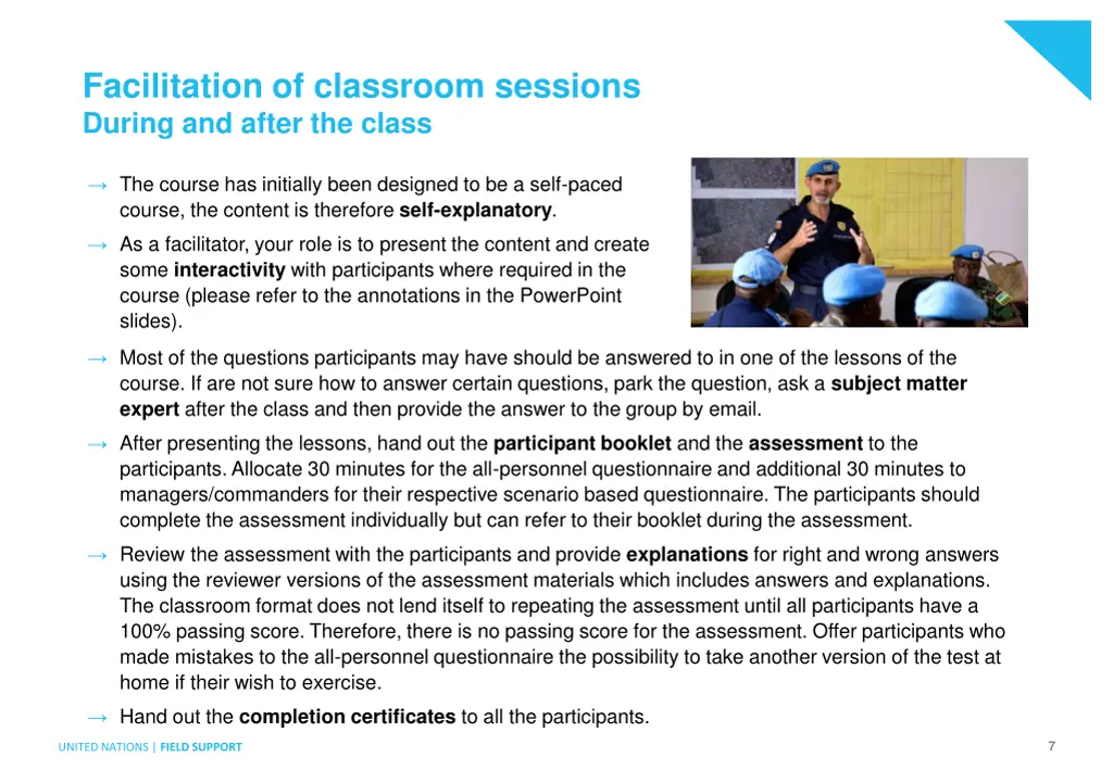 facilitation of classroom sessions during