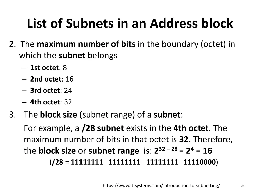 list of subnets in an address block 1