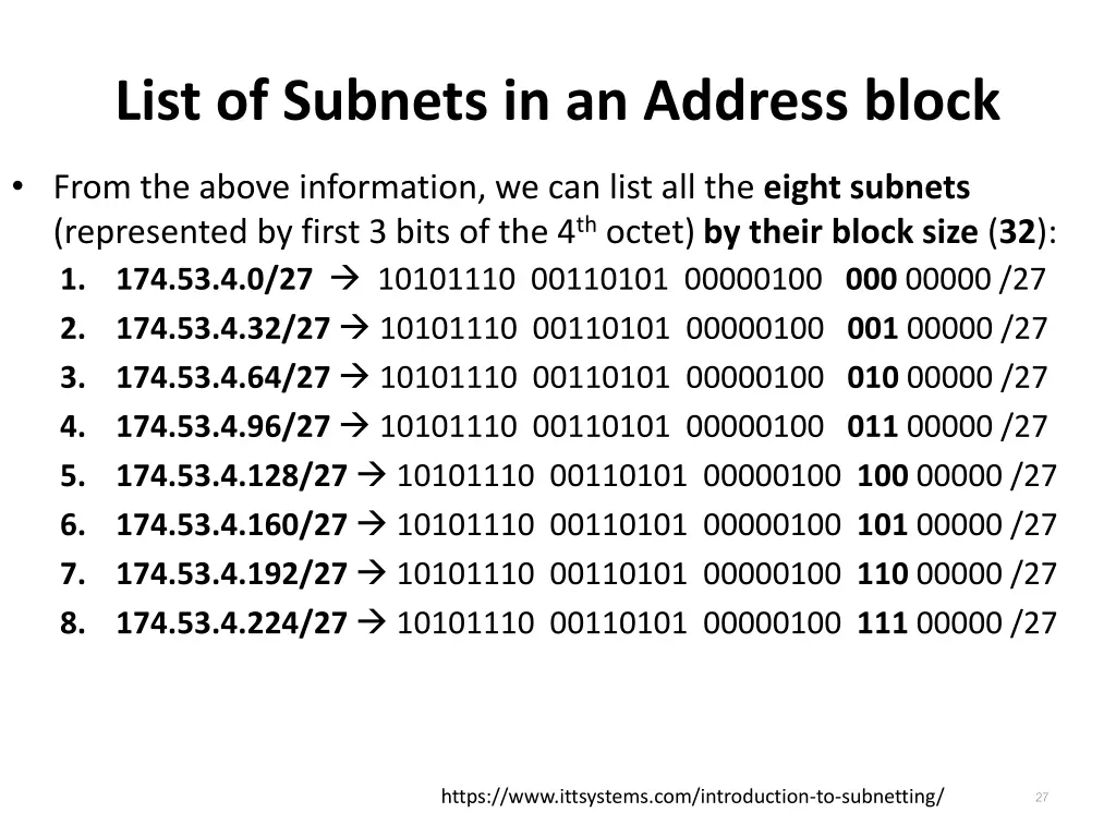 list of subnets in an address block 2