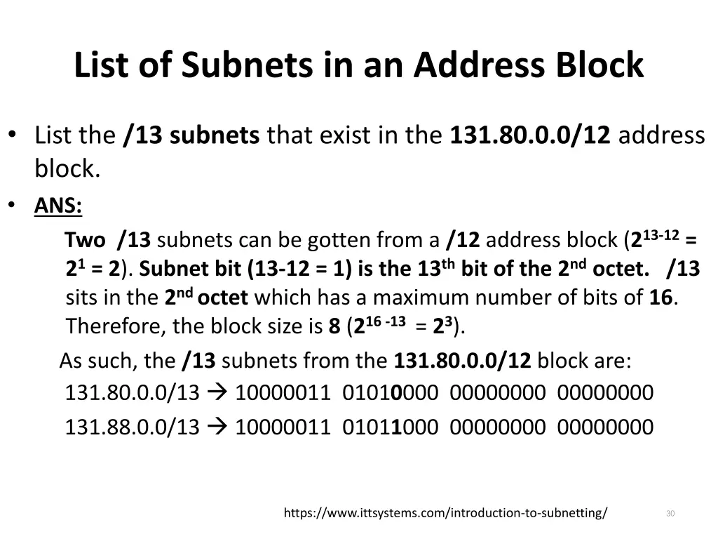 list of subnets in an address block 5