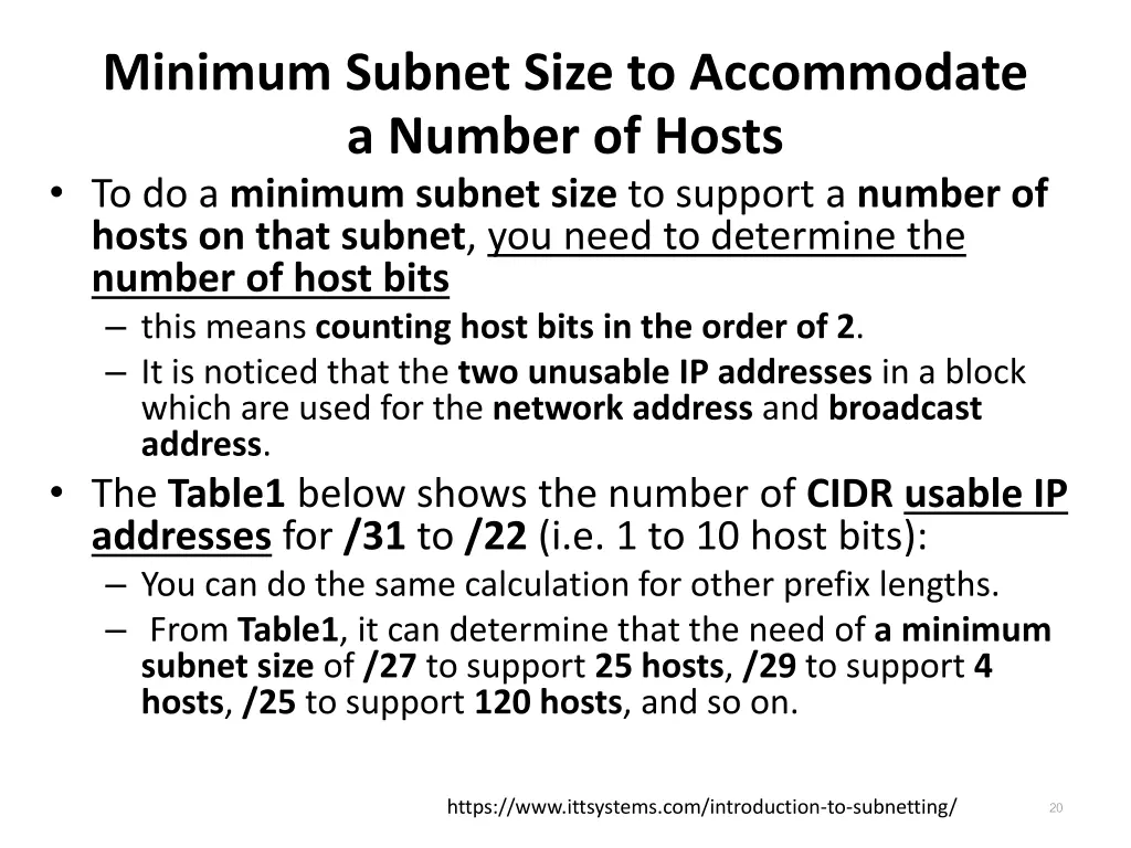 minimum subnet size to accommodate a number 1
