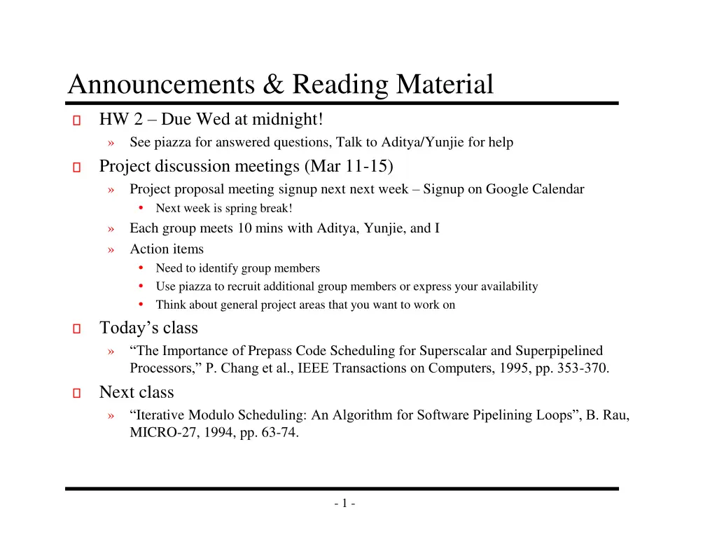 announcements reading material