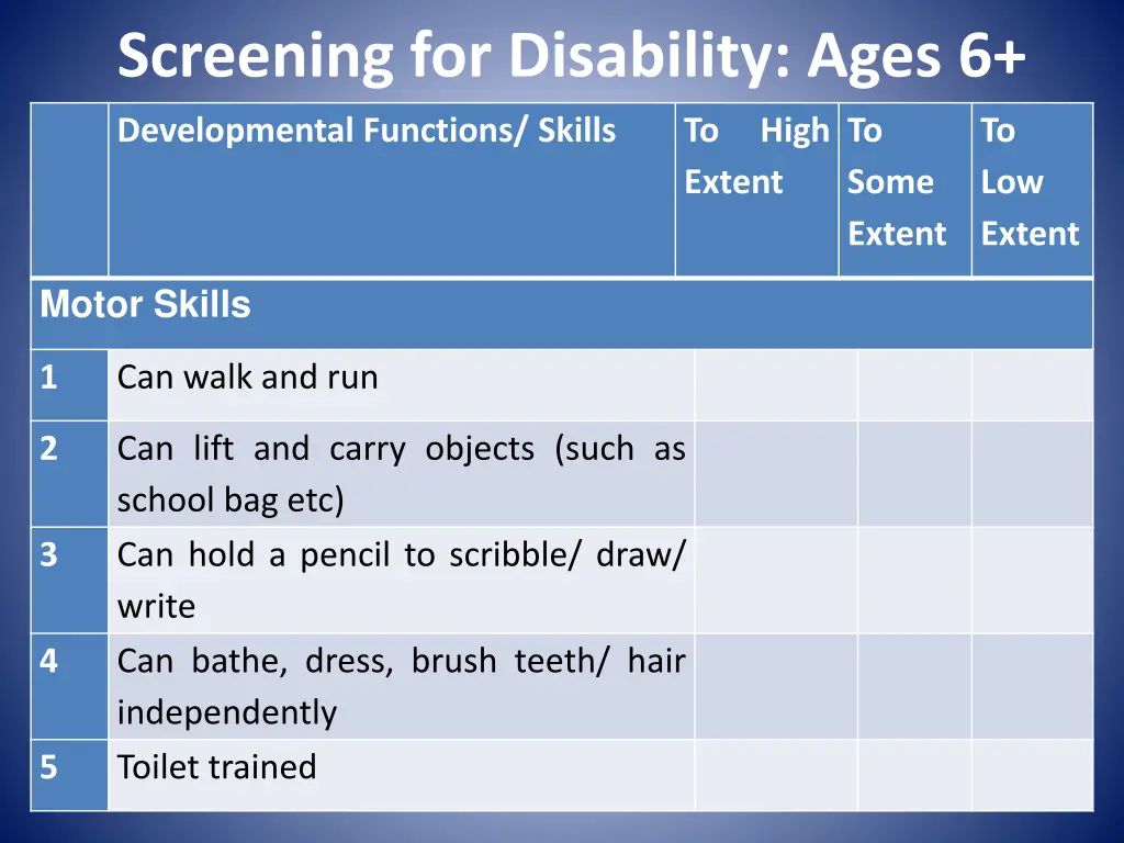 screening for disability ages 6