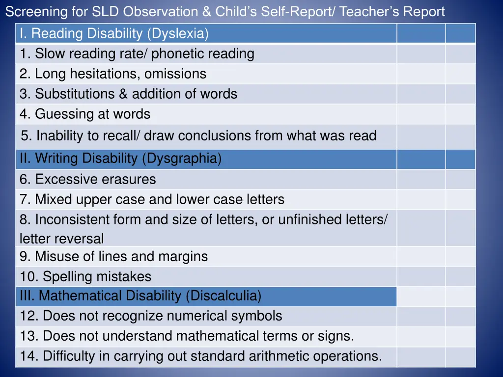 screening for sld observation child s self report
