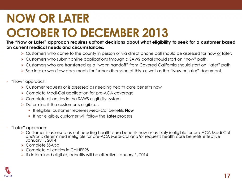 now or later october to december 2013