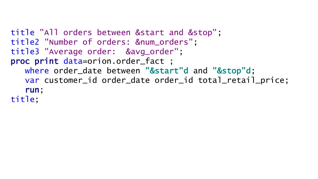 title all orders between start and stop title2