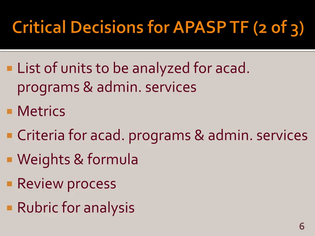 list of units to be analyzed for acad programs