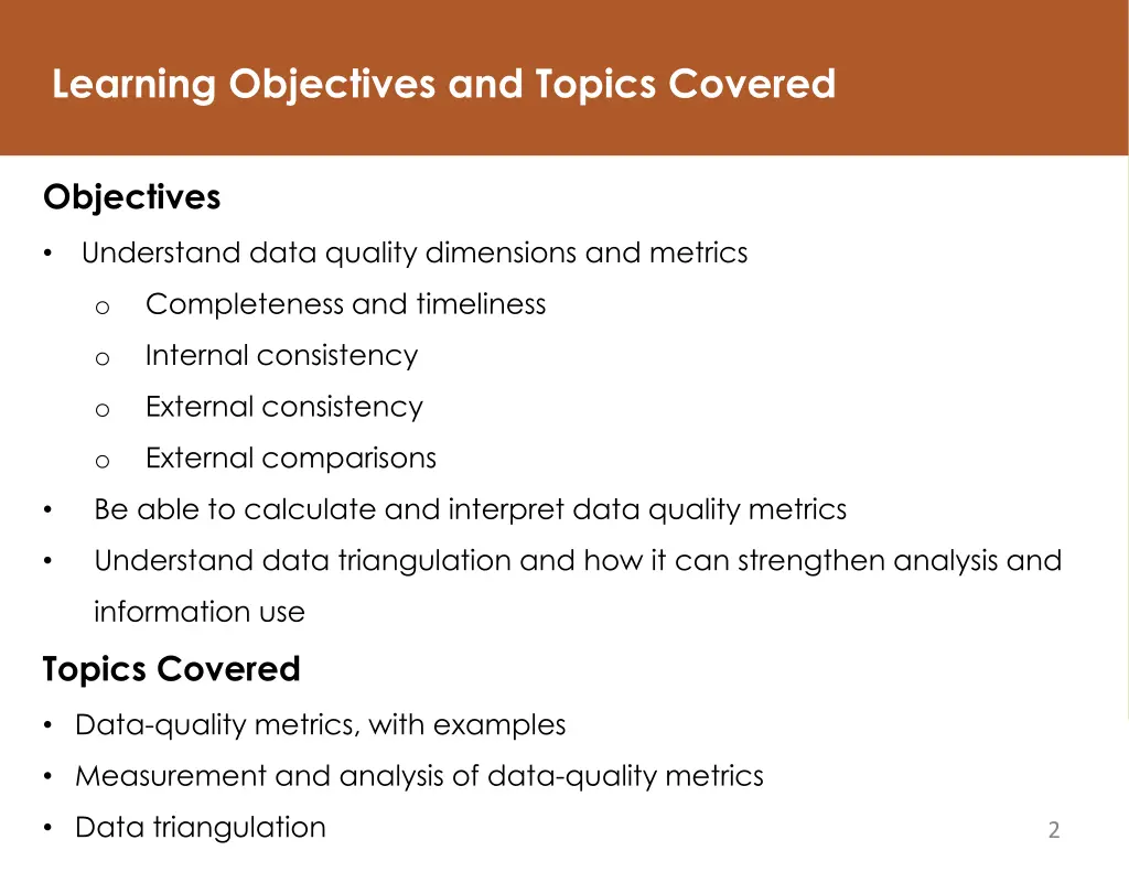 learning objectives and topics covered