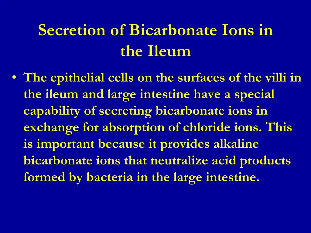 secretion of bicarbonate ions in the ileum