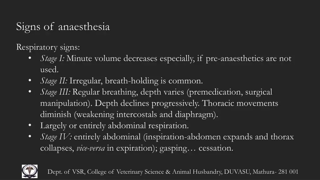 signs of anaesthesia
