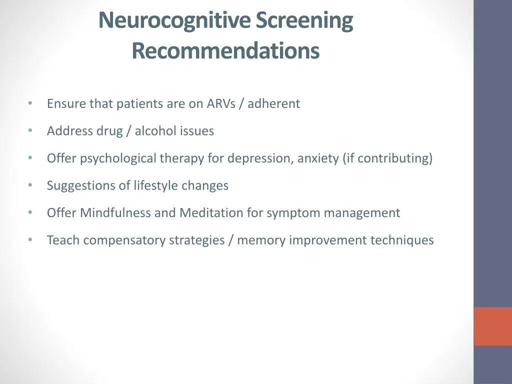 neurocognitive screening recommendations