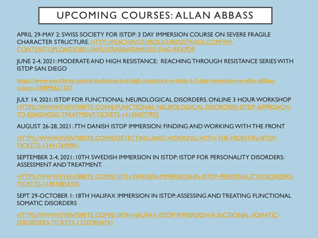 upcoming courses allan abbass