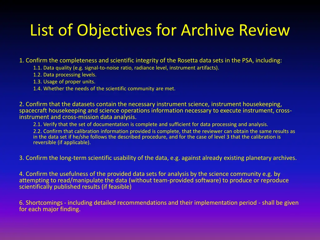 list of objectives for archive review