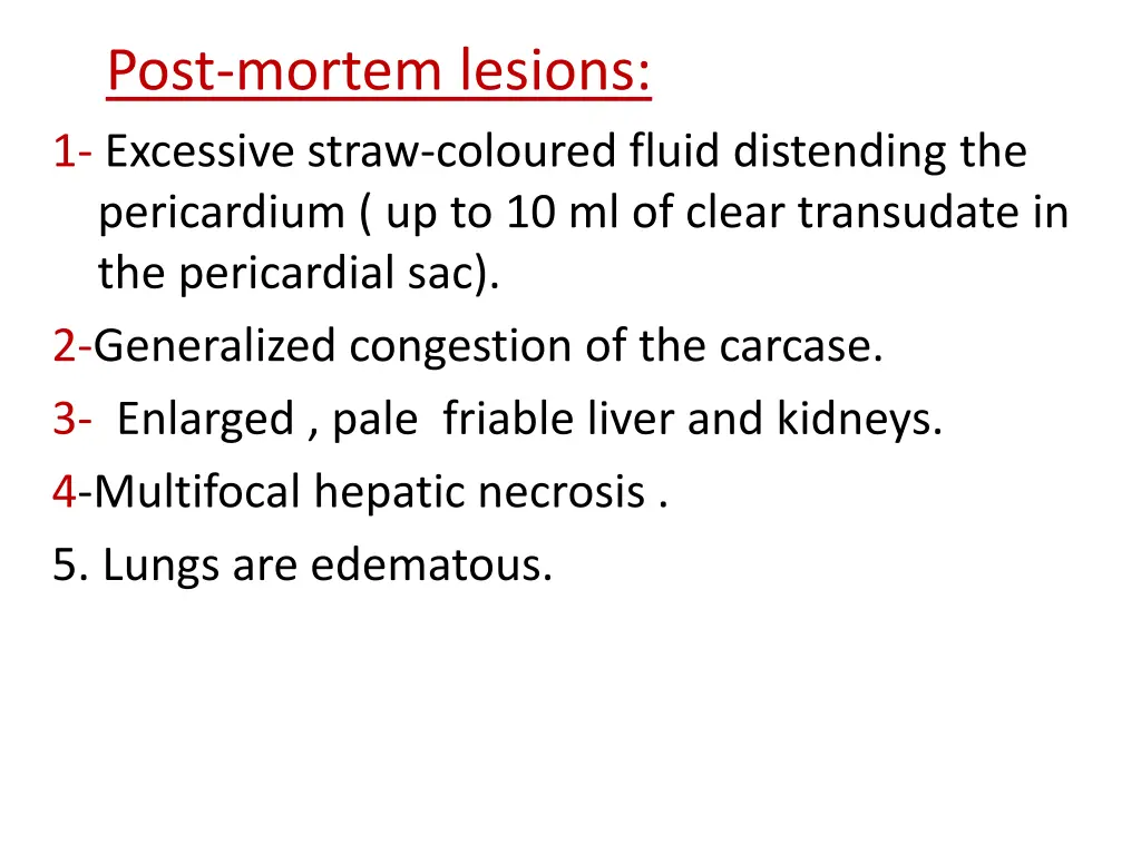 post mortem lesions 1 excessive straw coloured