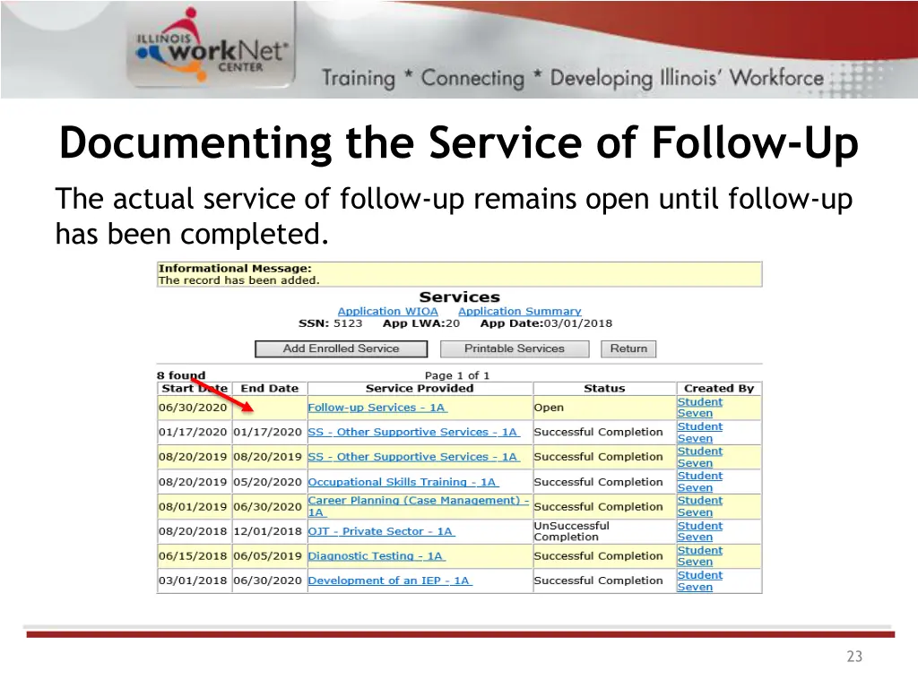 documenting the service of follow up the actual