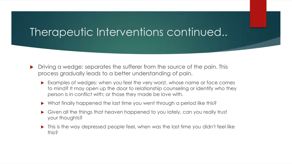 therapeutic interventions continued