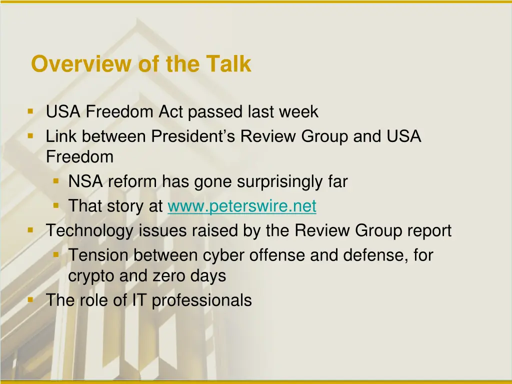 overview of the talk
