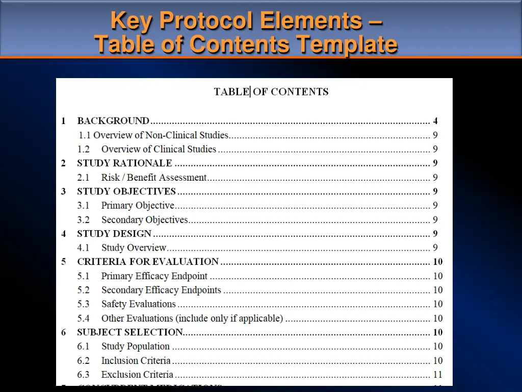 key protocol elements table of contents template