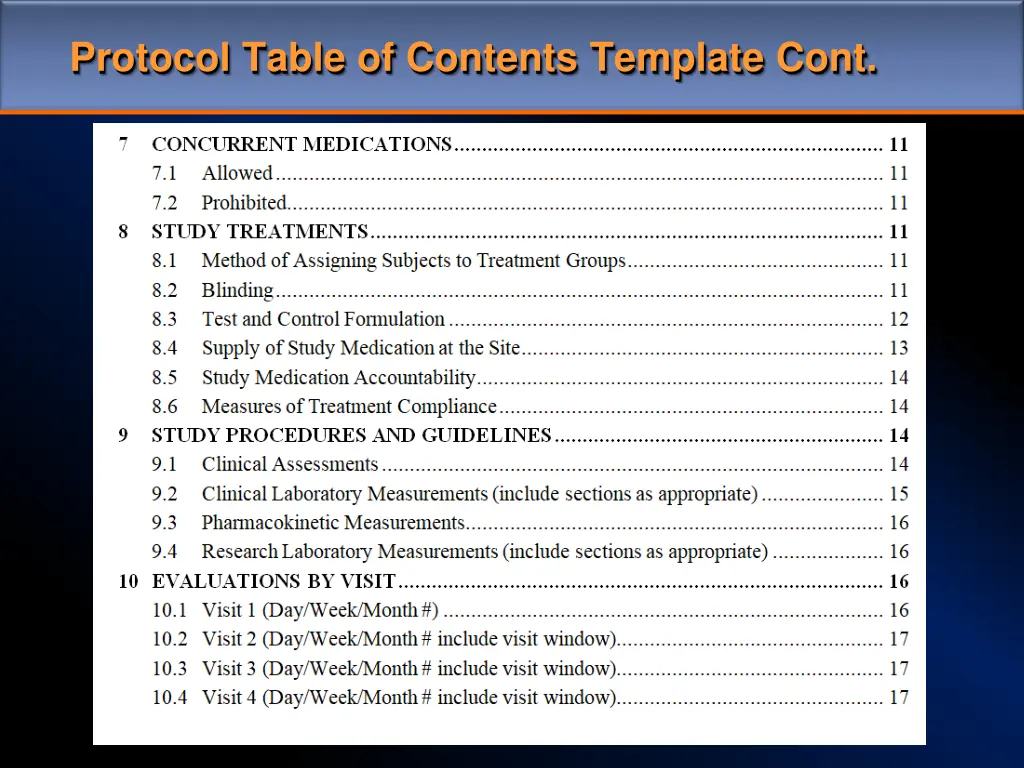protocol table of contents template cont