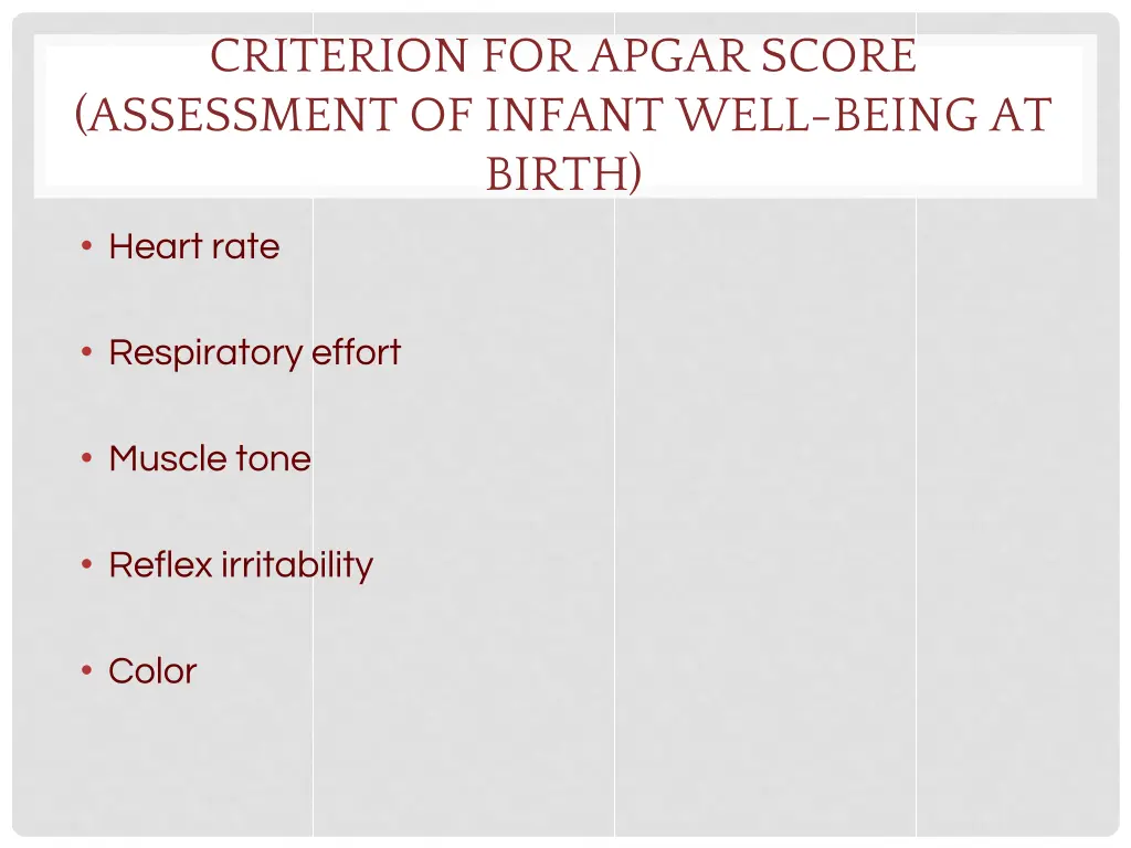criterion for apgar score assessment of infant