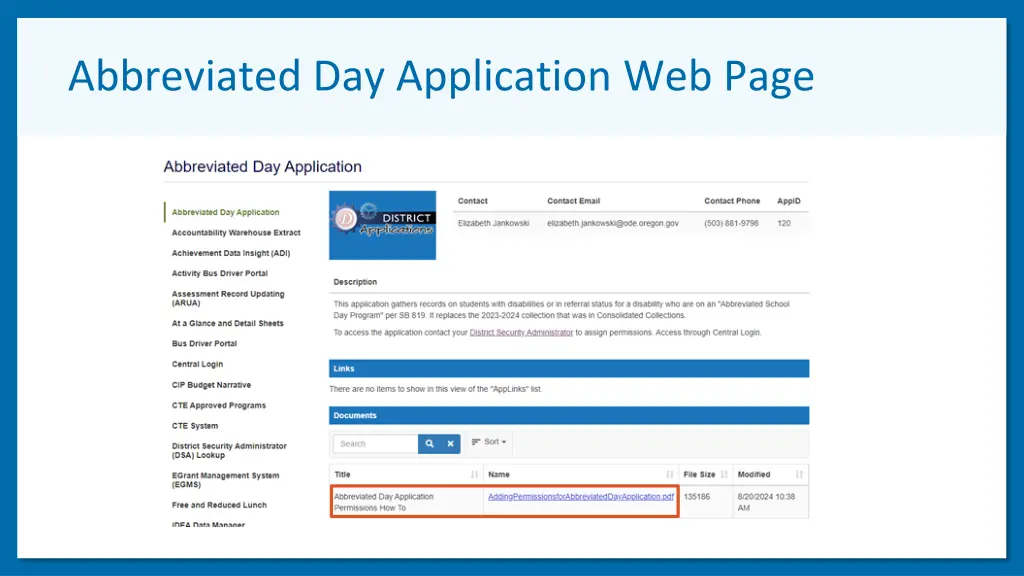 abbreviated day application web page