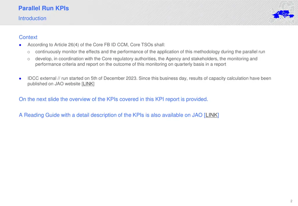 parallel run kpis