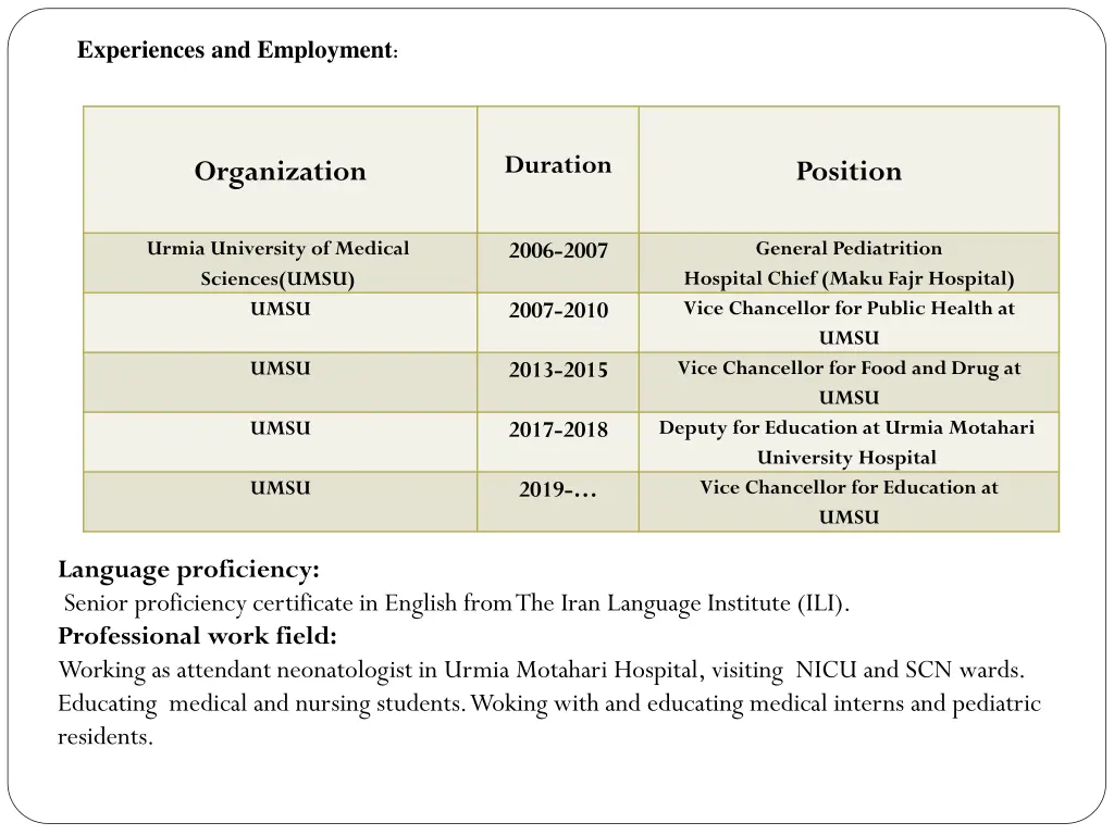 experiences and employment