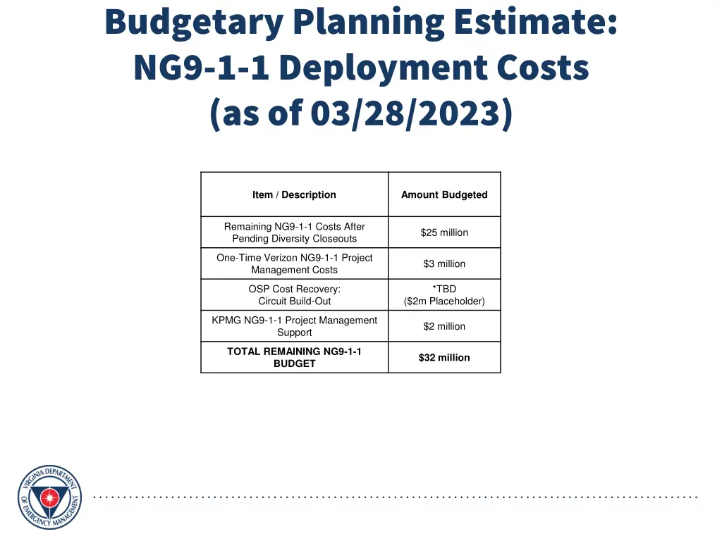 budgetary planning estimate ng9 1 1 deployment
