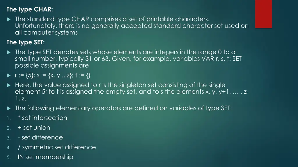 the type char the standard type char comprises