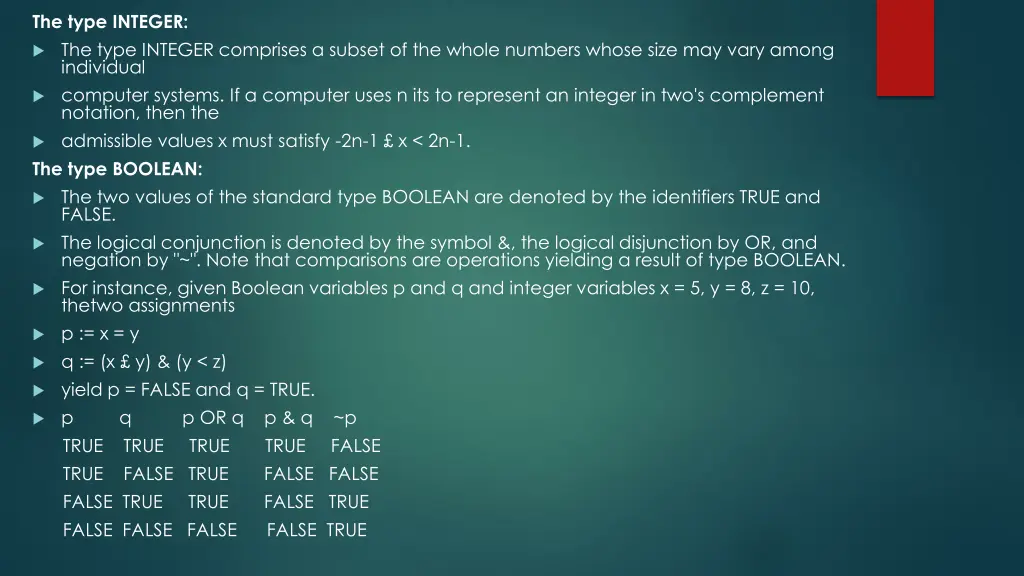 the type integer the type integer comprises