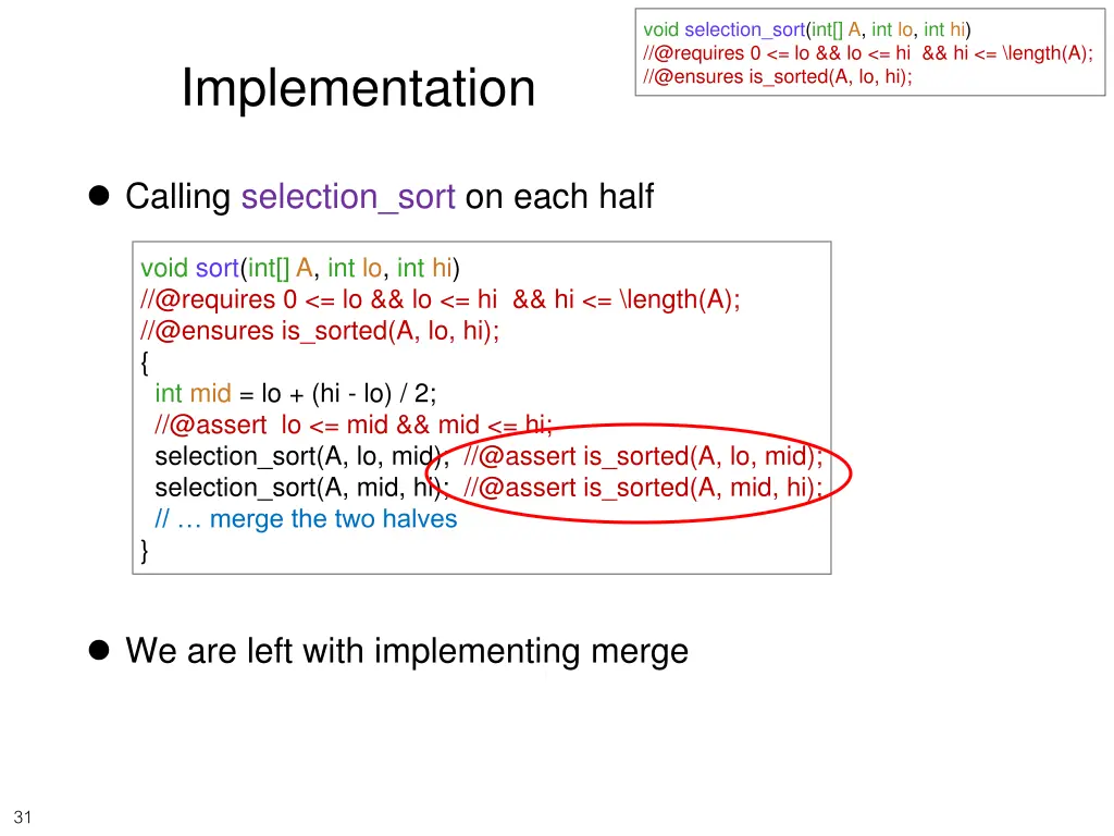 void selection sort int a int lo int hi @requires 1