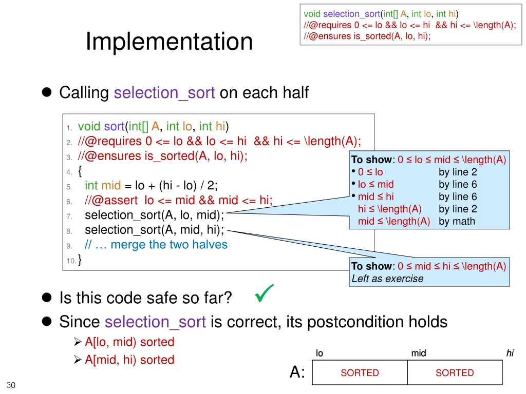 void selection sort int a int lo int hi @requires