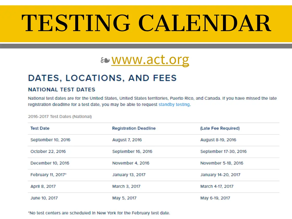 testing calendar